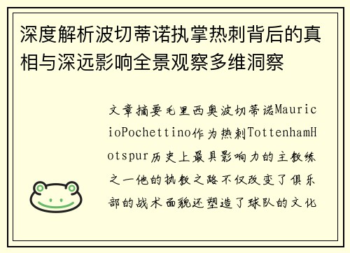 深度解析波切蒂诺执掌热刺背后的真相与深远影响全景观察多维洞察